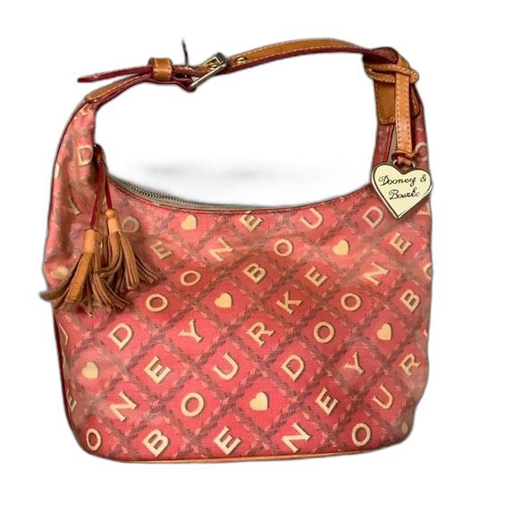 Dooney & Bourke Red Tan Coated Fabric Tan Leather Signature Print Shoulder Bag - Picture 1 of 15